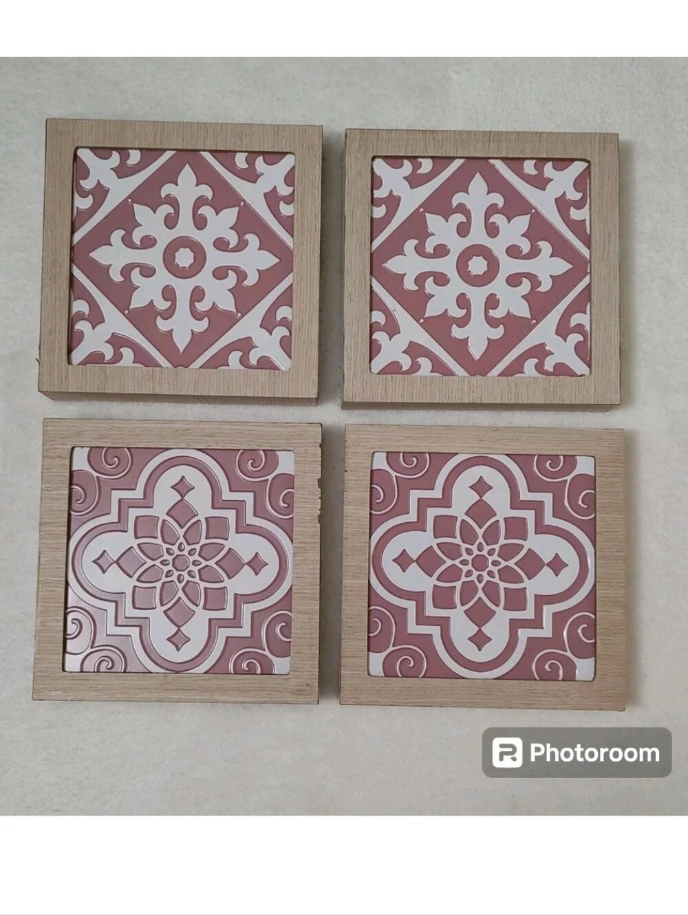 Set of 4 Pink White 8x8 Framed Wall Art Metal Tile Square Plaque Coquette Decor